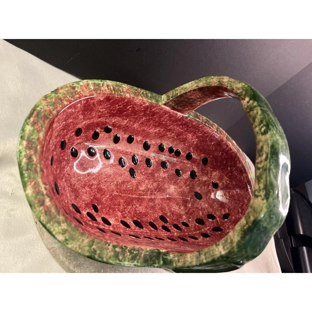 Beautiful 1970's Hand Painted Ceramic Watermelon Bowl With Handle Excellent Cond